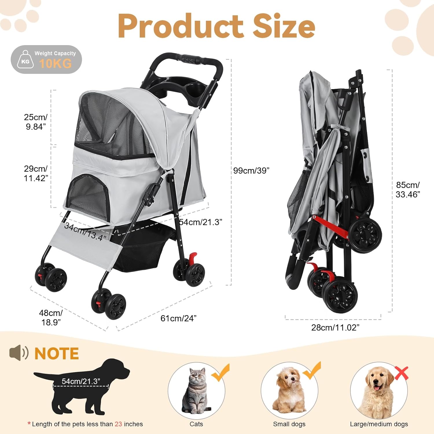 Dog Stroller Cat Stroller for Medium Small Dog Cats Holds up to 30lbs, Foldable 4 Wheels Pet Strollers with Mesh Windows, Cup Holder, Storage Basket, Breathable Pet Strolling Cart Grey
