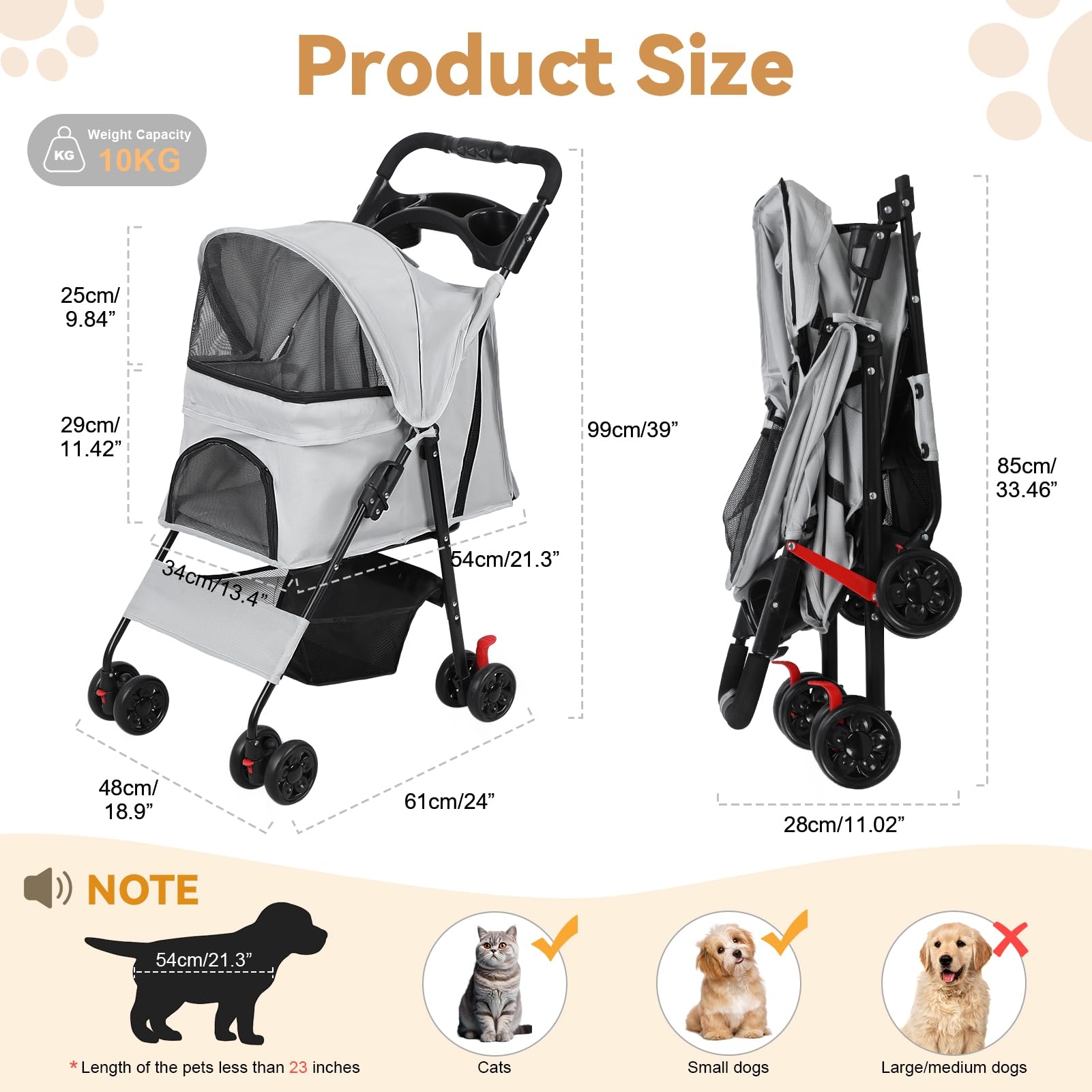 Poussette pliable pour chien jusqu'à 10 kg, poussette pour chien et chat avec fenêtres en filet, roues avant à 360°, freins arrière, ceinture de sécurité, porte-gobelet et panier de rangement, gris