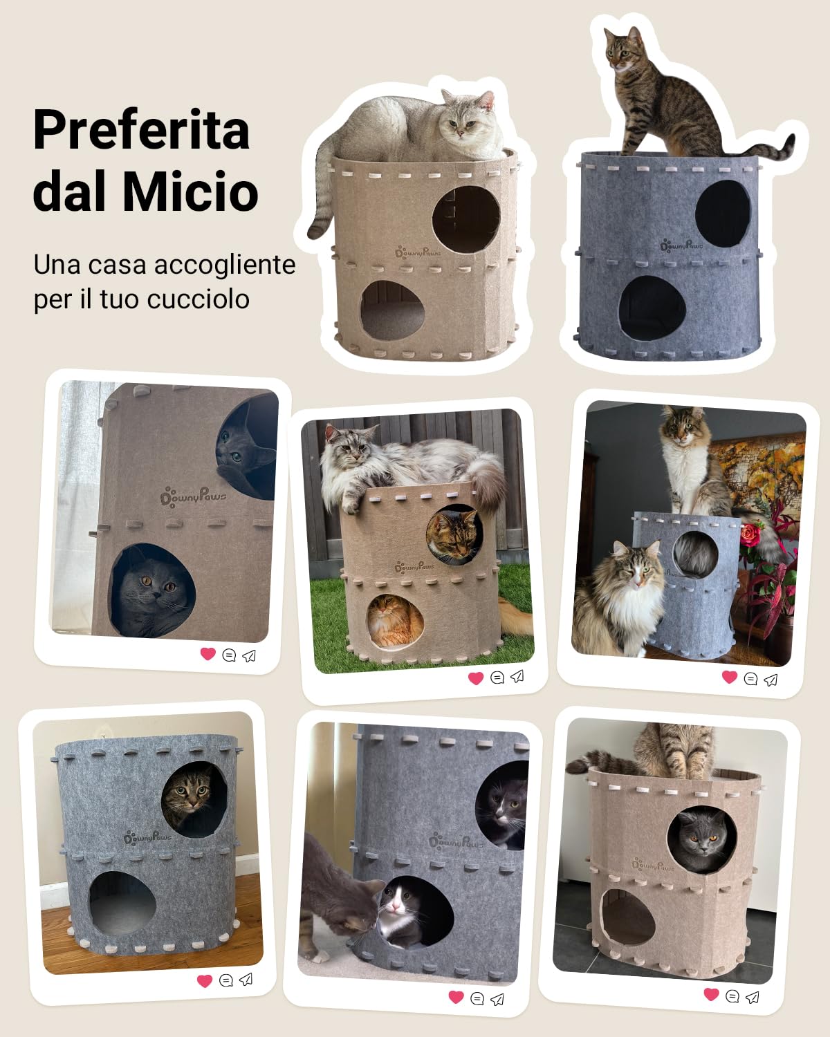 DownyPaws Cuccia per Gatti in Pelliccia, Letto a 2 Piani Casetta per Gatti 50x33x50 cm, Castello per Giocare, Design Accogliente, Protezione per le Unghie, Beige