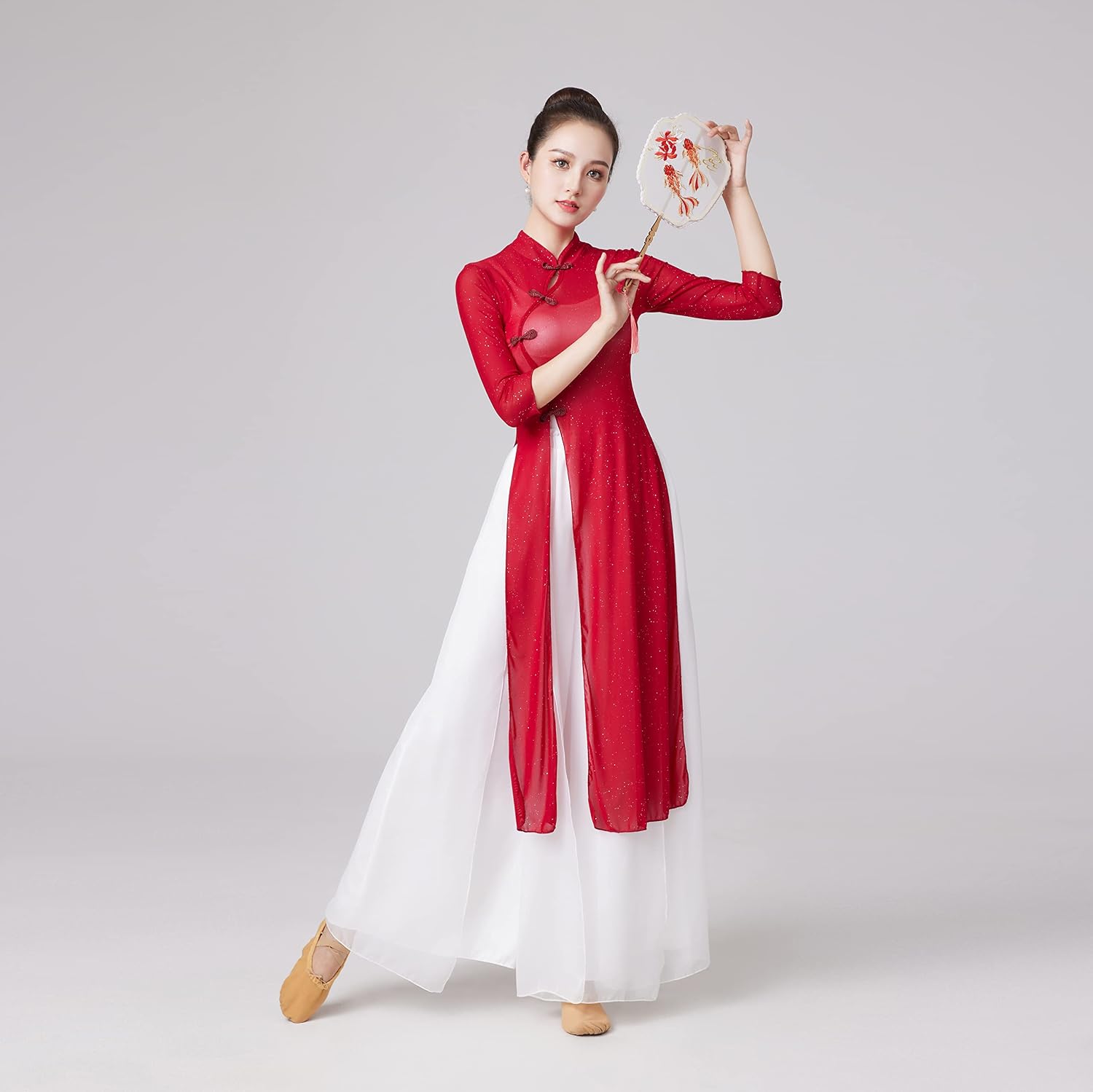 Wuchieal Women's Chinese Style Back Slit Mesh Classical Dance Top Ballroom Dance Dress Red