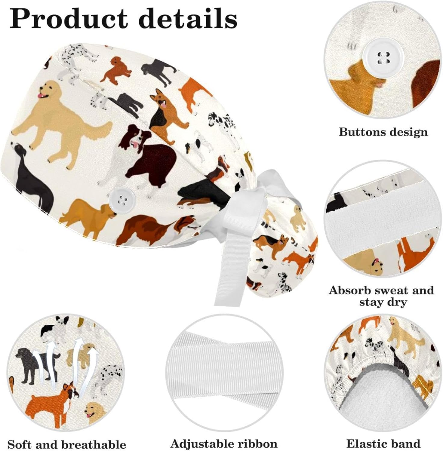 Animals Dogs Scrub Caps Adjustable Working Cap Surgical Caps Nurse Hat with Bow Hair Scrunchy - Image 4
