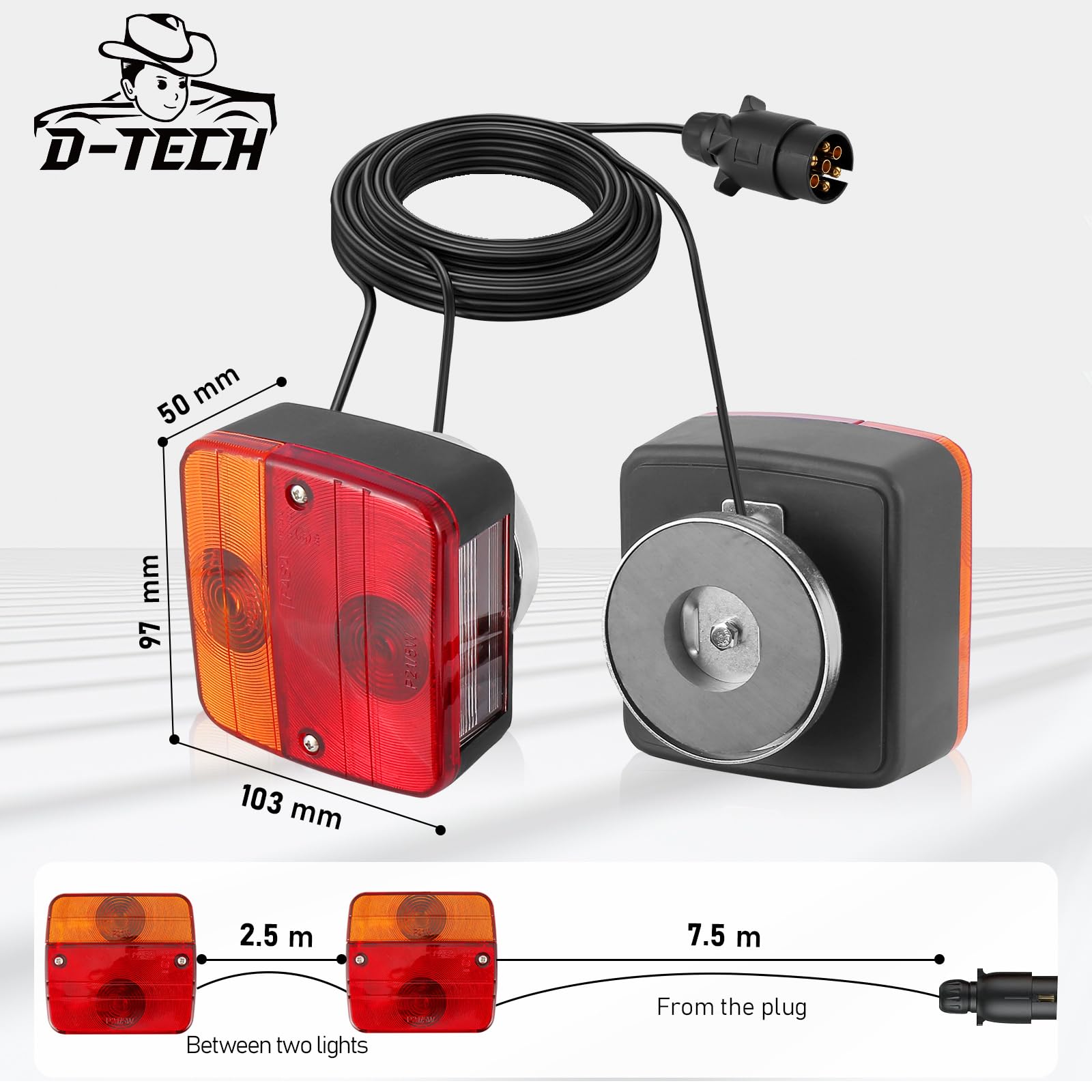D-TECH Pilotos Traseros Remolque Con Iman, Juego de Luces Traseras Remolque Magneticas Homologados, 12V Kit Pilotos Remolque, Luces Traseras Remolque Con Cable 2.5/7.5M, Homologación ECE