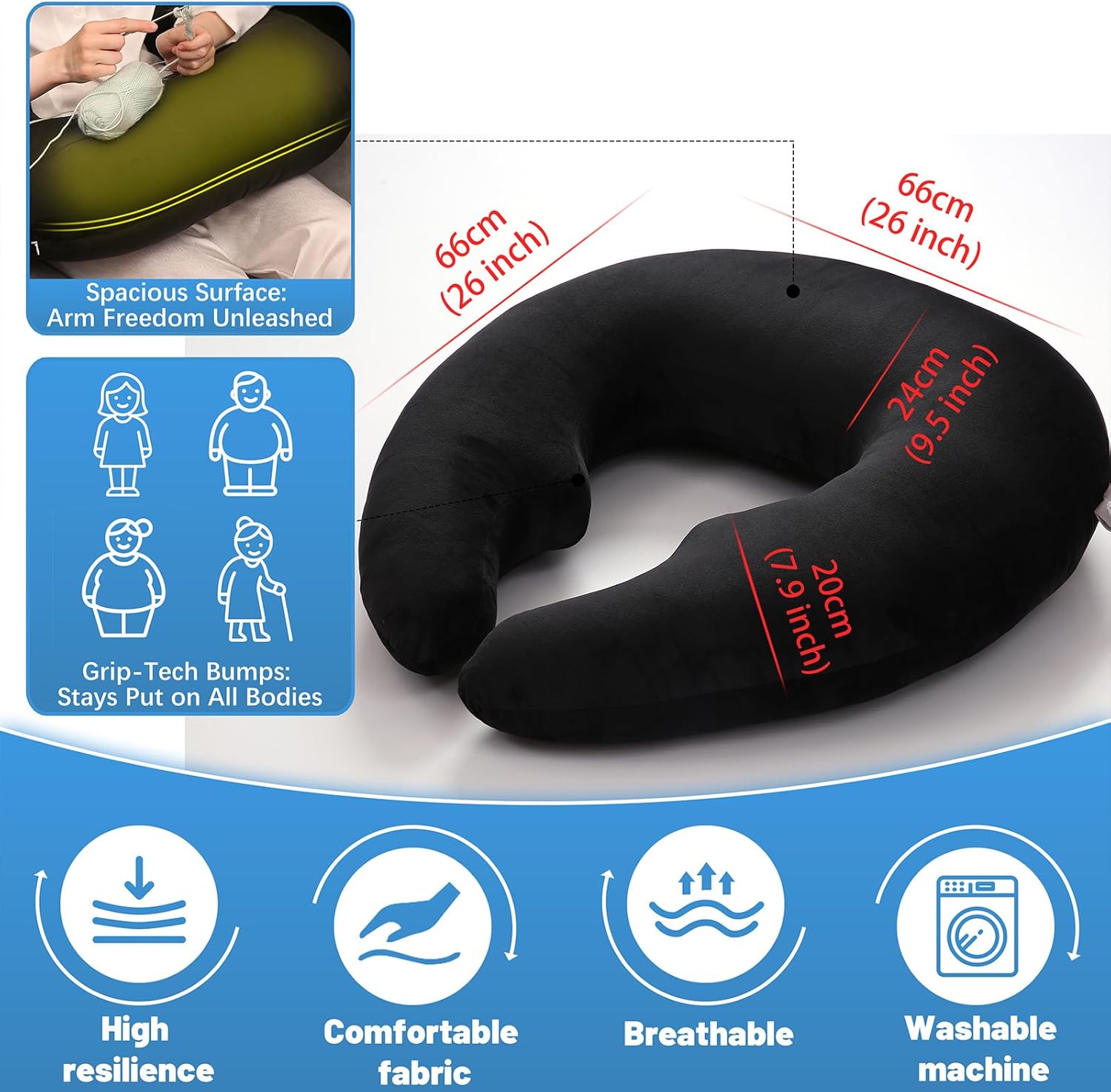 Ergonomic U-Shape Gaming & Lap Pillow - Crochet Pillow & Reading Support Pillow with Arm Relief, Comfort for Gamers, Crafters & Book Lovers (Black)