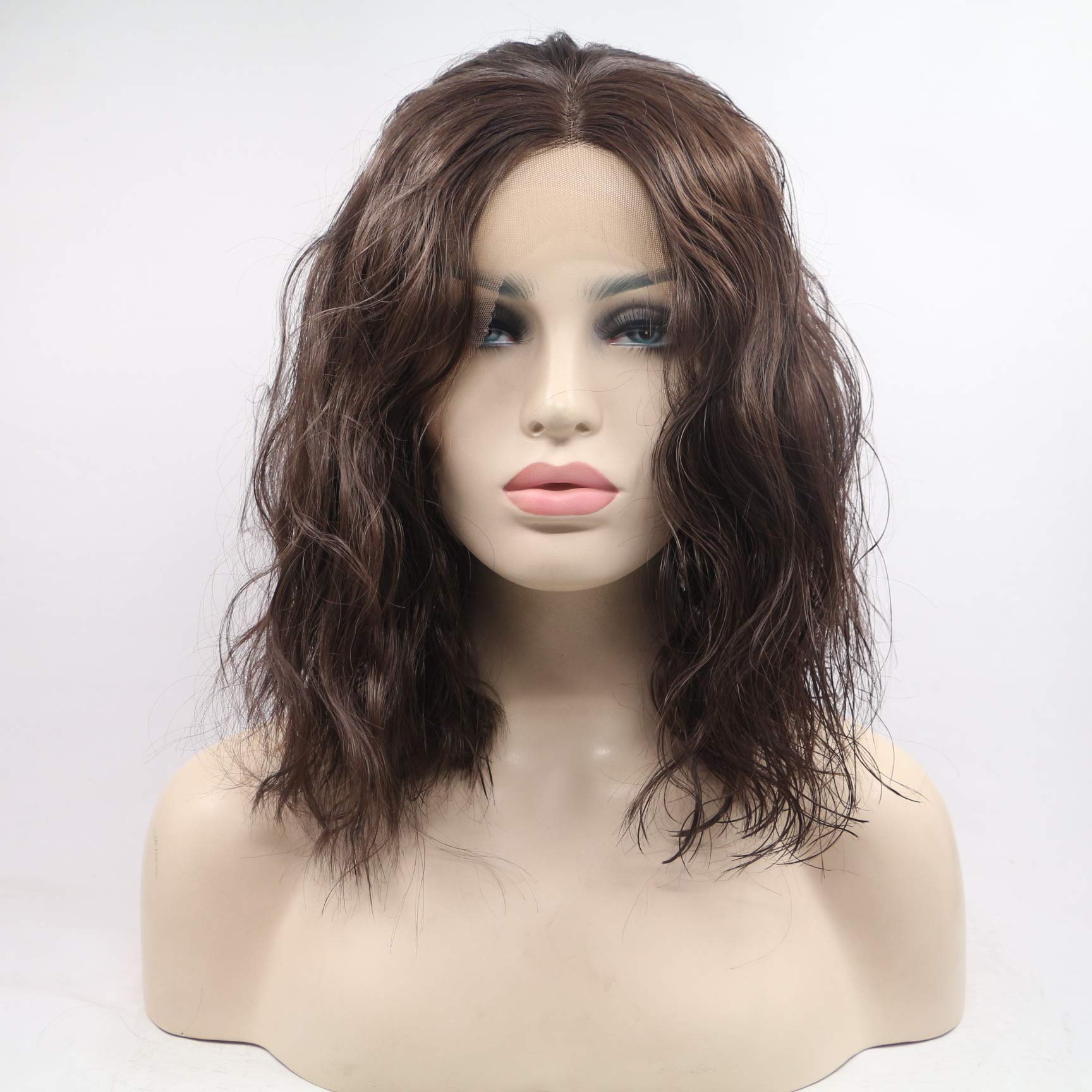 Xiweiya 14" Dark Brown Wavy Wig Synthetic Lace Front Wigs Middle Part Brunette Hair Short Soft Curly Wig Hair Replacement Wig for Women Drag Queen Makeup - Image 2