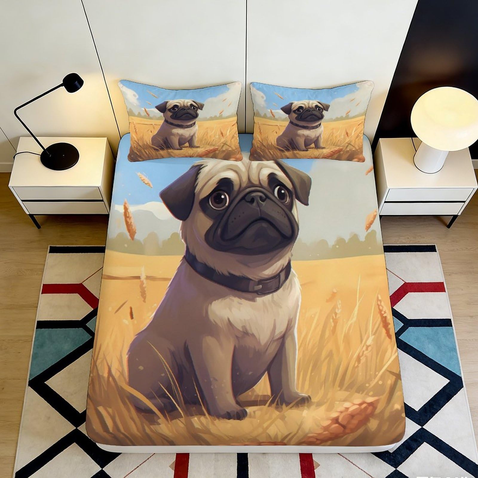 3D Printed Wheat Field Pug Fitted Sheet Microfiber Soft Anti-Slip Cartoon Dog Mattress Cover for Bedroom Dorm Decor 140x200x25cm