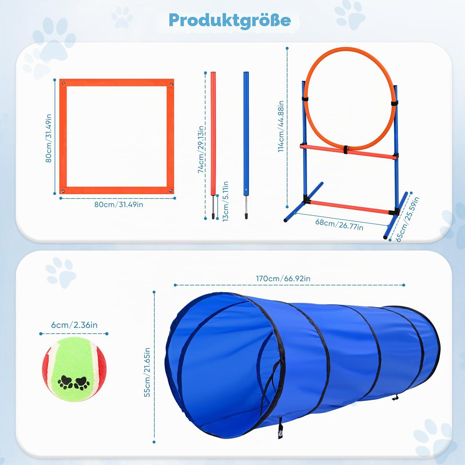 70-Teiliges Agility Set Hunde hundetraining Agility Set Hunde groß 8 Slalomstangen Springring, 2 Ball, Pause-Box, Leckerlibeutel, Tragetasche Hunde intelligenzspielzeug Agility Set