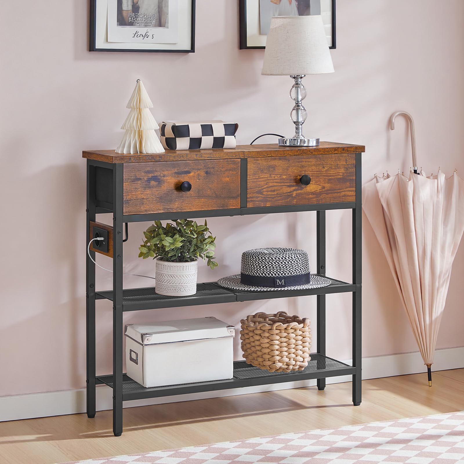 HOOBRO Mesa de Consola de 75 cm, Mesa de Entrada con Regleta, 2 Cajones de Tela, Estantes de Rejilla Metálicas, Expositor, para Entrada, Pasillo, Sala de Estar, Marrón Rústico y Negro EBF72CXG01