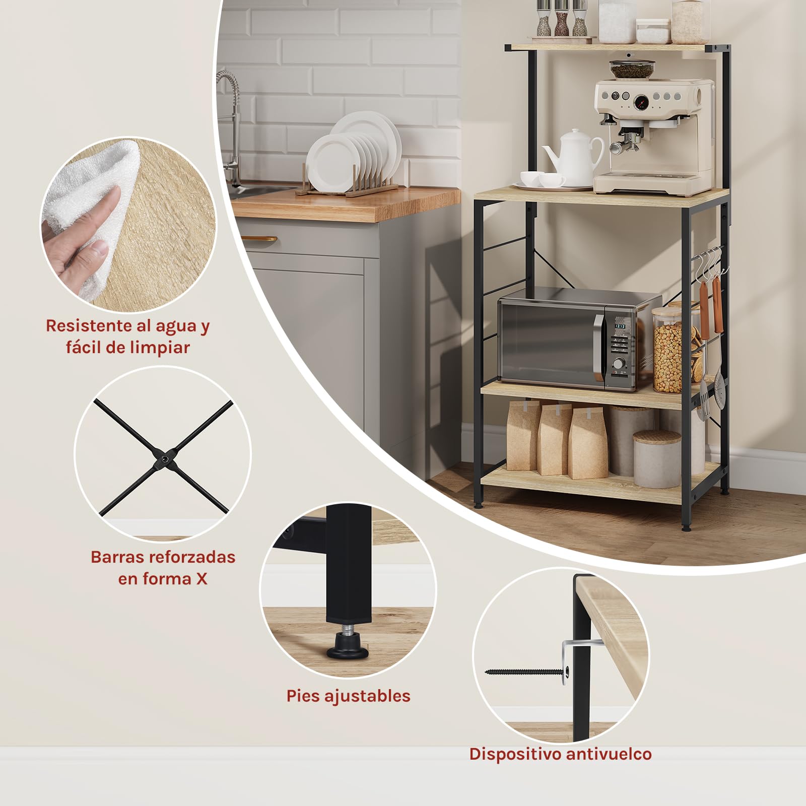 WOLTU Estante de Cocina de Microondas Estante Metálico de Madera y Acero con 3 Niveles 60x40x123cm, Negro + Roble Claro