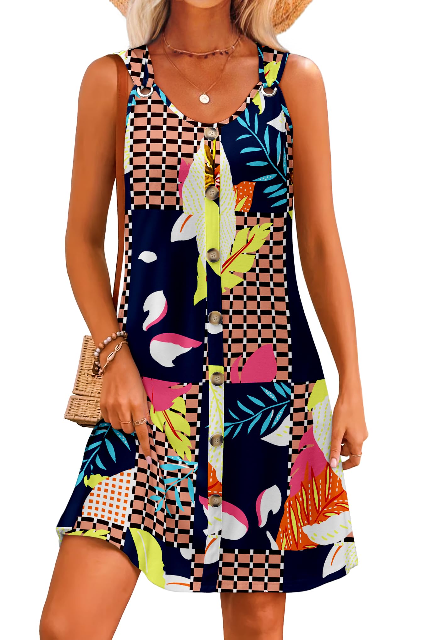 LUXVEER Summer Dresses for Women 2025 Sleeveless Floral Boho Swimsuit Cover Ups Casual Button Beach Vacation Tank Sundresses