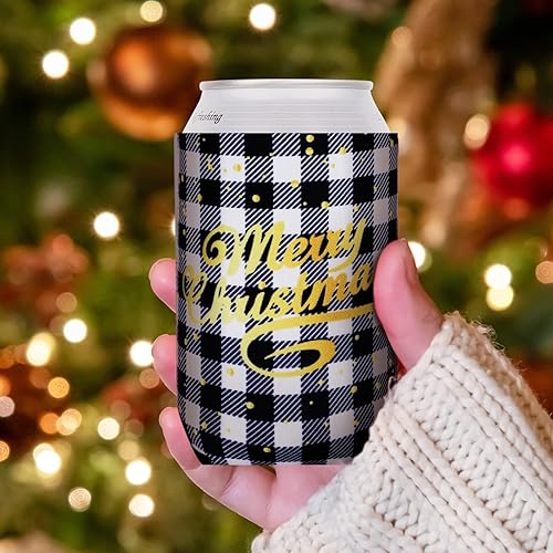 Miniatura 6 de Whaline 12 fundas para latas de Navidad, papel de aluminio dorado, renos a cuadros, fundas de copo de nieve, 12 onzas, reutilizables, de neopreno,
