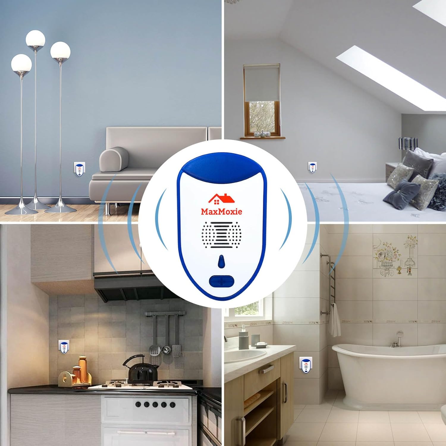 Multiple MaxMoxie Ultrasonic Pest Repellers placed in different rooms of a house