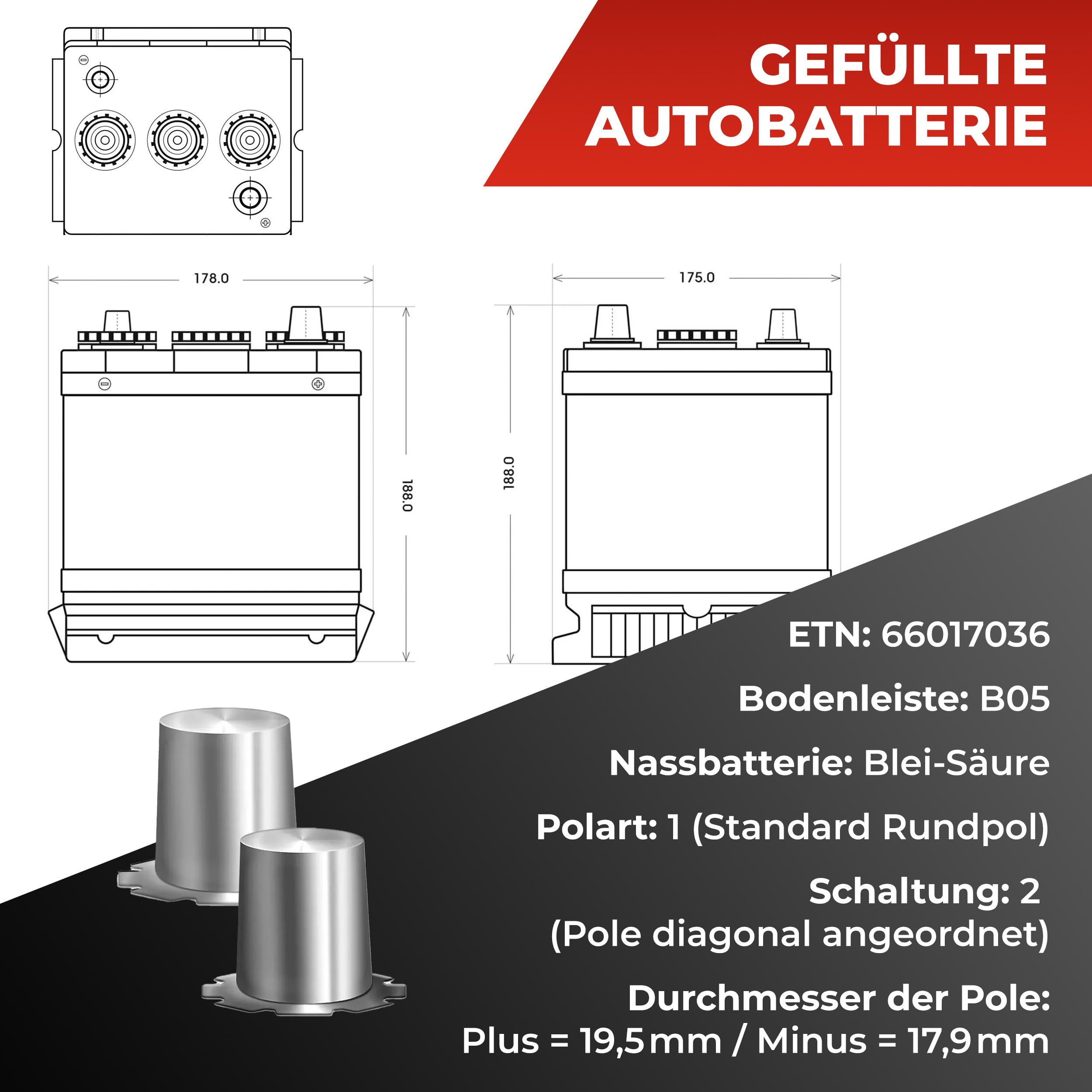 BlackMax Oldtimer Batterie 6V 66Ah 360A/EN [06617] - 6 Volt Autobatterie für PKW - Starterbatterie mit Ca/Ca Technologie - wartungsfrei & sofort startklar