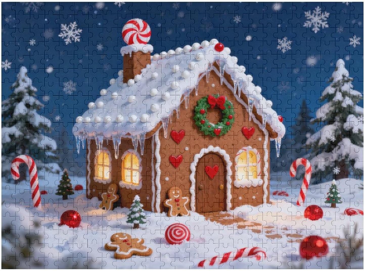 500 Pieces Wooden Jigsaw Puzzle - Festive Gingerbread House with Snow Lights, 20.5x15in, Christmas Puzzle for Adults, Family Gathering Fun, Relaxing Holiday Decor Gift