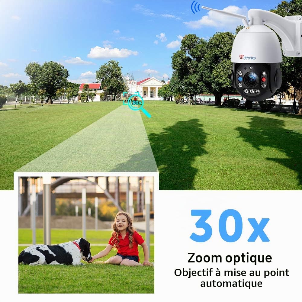 Ctronics 30X Zoom 5MP Caméra Surveillance WiFi Extérieure Caméra IP Détection 1920p Mouvement Uniquement Humaine Vision Nocturne 150M Rotation 355 °90° Alarme Sonore Audio Bidirectionnel | Détection Humaine& Auto Cruise/Zoom, Vision Nocturne 150M, PTZ 355