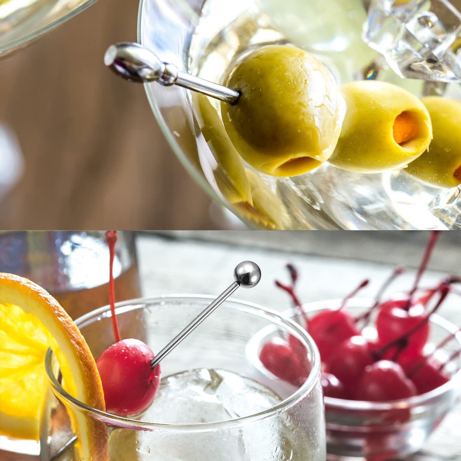uxcell Plettri da cocktail in acciaio inossidabile, 8 pezzi, 15,5 cm, in metallo per cocktail, stuzzicadenti da Martini, lunghi e riutilizzabili, con perline rotonde, per bevande, antipasti, frutta