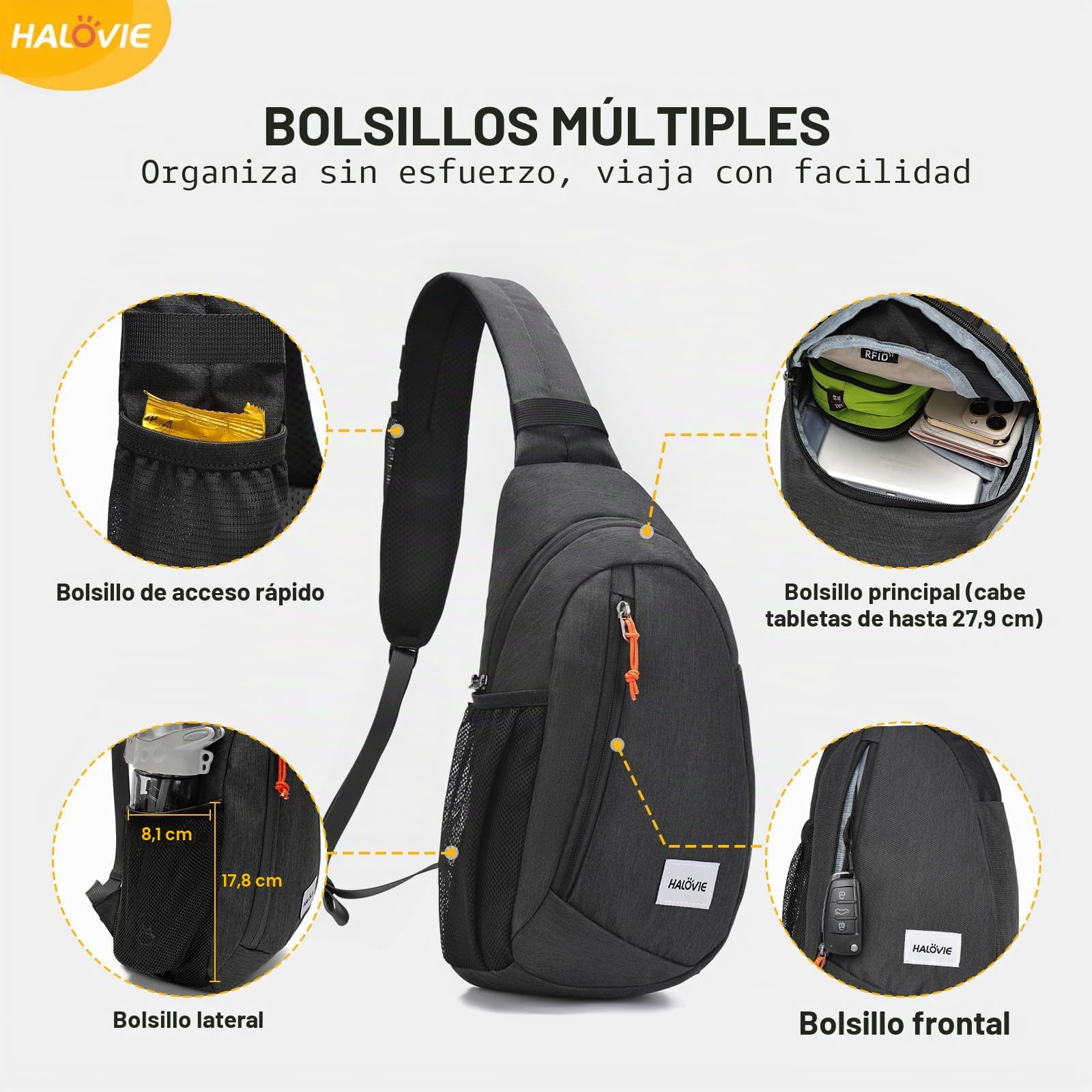 HALOVIE Mochila Bandolera Antirrobo Mochilas Cruzadas Bolsa de Pecho Ligera Bolso Bandolera para Hombre y Mujer Sling Bag Pequeño para Viaje Senderismo