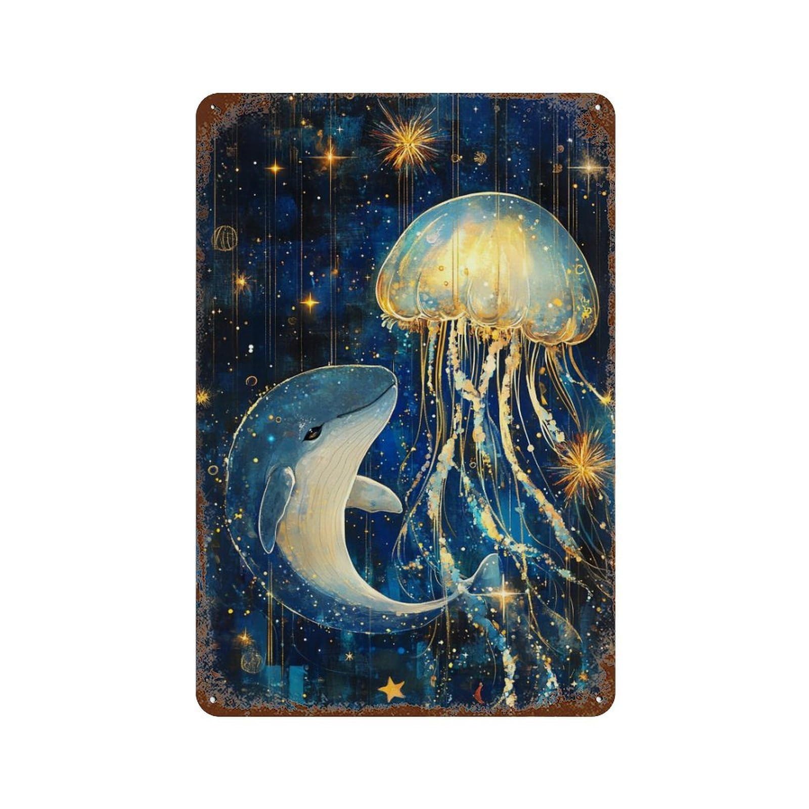 Rusty Metal Tin Sign with Whale And Jellyfish in Starry Ocean Design 11.8"x7.9", for Shed, Workshop And Garage Wall Decor, Classic Wall Plaque