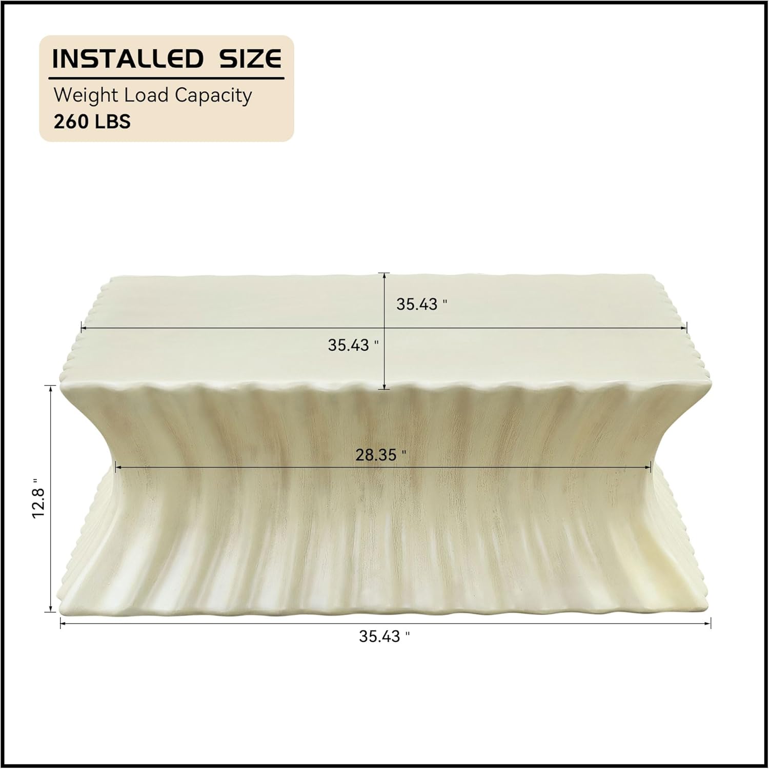 Square Coffee Table Vintage Waist Shaped Table Fiberglass Center Table for Living Room Apartment Office, 35.43inch, No Need Assembly Beige