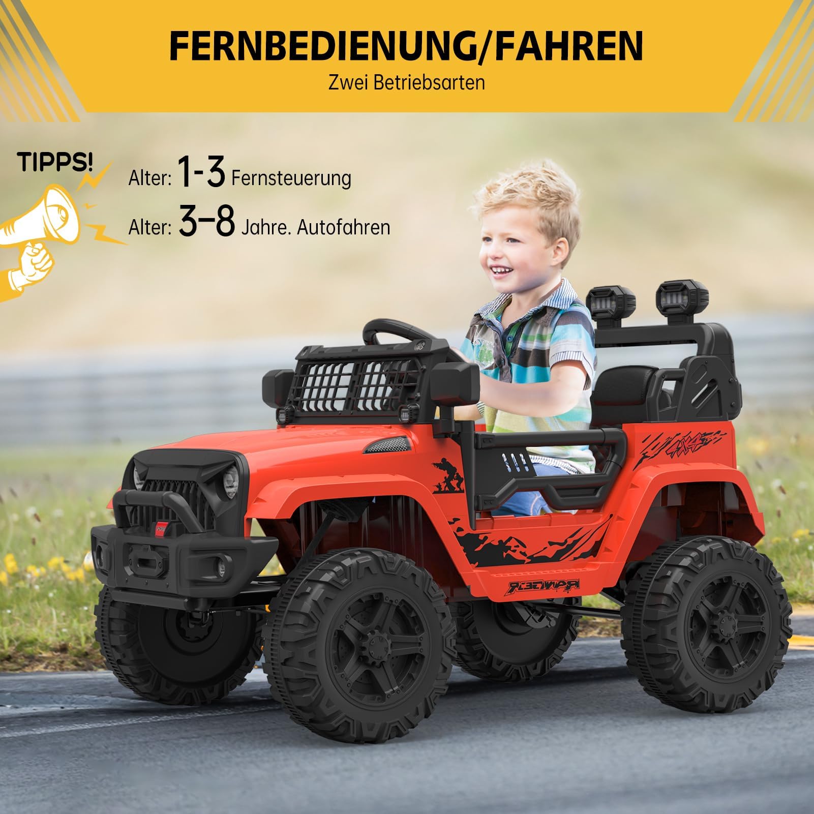 Coche Eléctrico Infantil 12V Con Mando A Distancia, Bluetooth, Luces LED Y MP3 – Velocidad 2-4 Km/h, Soporte 28 Kg, Todo Terreno Para Niños +3 Años