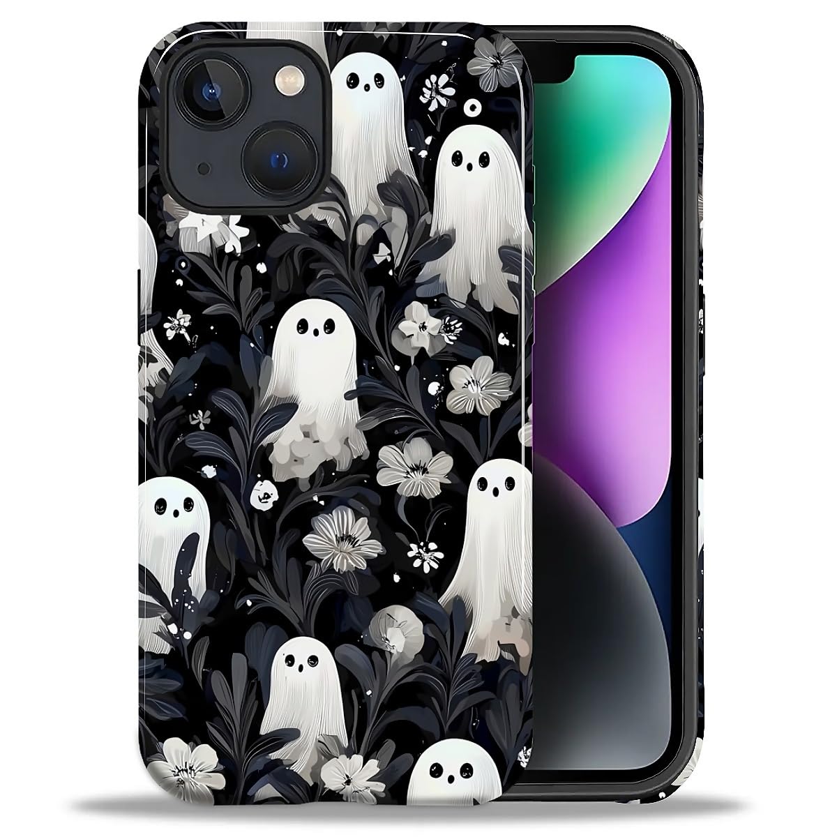 DAIZAG Case for iPhone 13 iPhone 14, Halloween Ghost Black Flower Full-Body Design Hybrid Dual Protection Soft TPU + Hard PC, Shockproof &