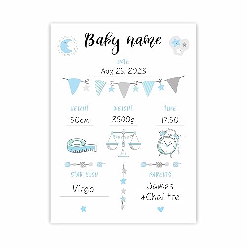 Certificado de nacimiento de hospital regalo azul para bebé regalo de bebé recién nacido de 8 x 11 pulgadas regalo de bautizo detalles de nacimiento