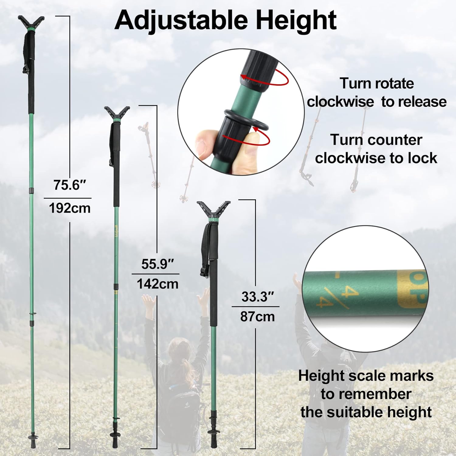 HUNTPAL Shooting Stick Hunting Monopod Gun Rifle Shooting Rest with 360° Swivel Yoke, Matt Aluminum 33"-75" Trekking Hiking Pole Walking Stick Stand with Integrated Spike Feet and Carry Shoulder Strap