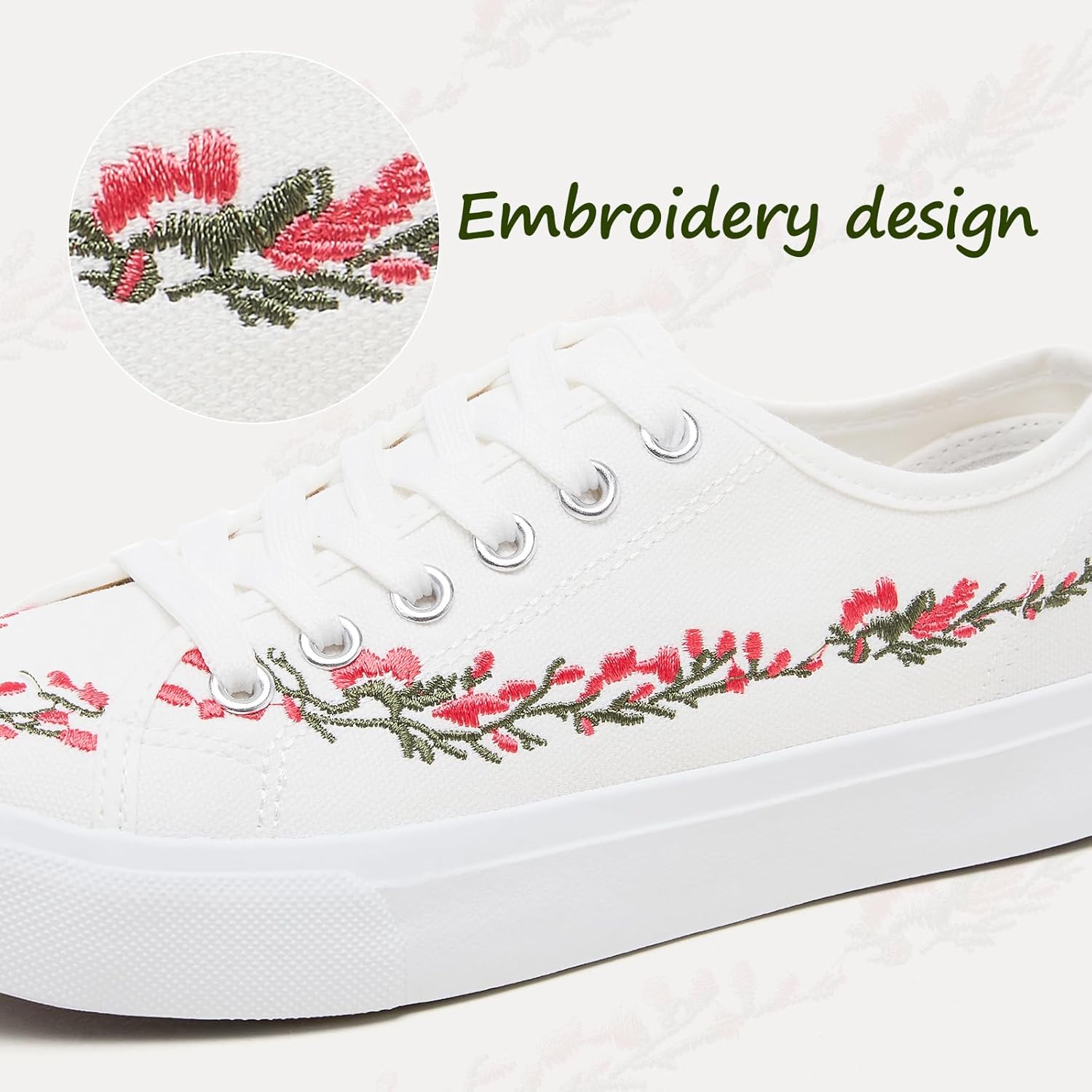 yageyan Womens White Embroidery Canvas Sneakers Low Top Tennis Shoes Womens Causal Sneakers - Image 2