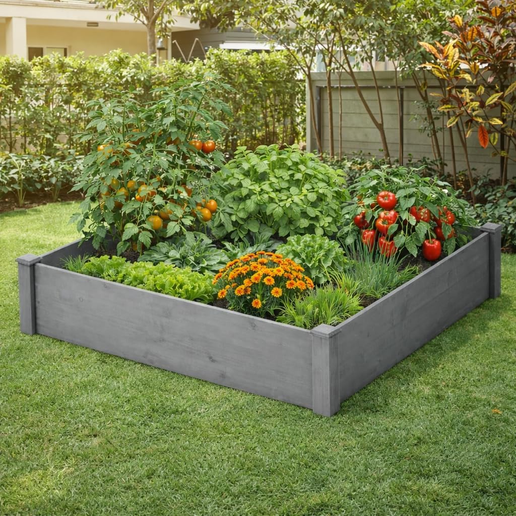 Raised Garden Bed 48x48x10 Inch, Solid Wood Outdoor Planter Box Over Floor, Tool-Free Quick Assembly, 2.4" Legs, 0.7" Panels, 300 lb Capacity, Gray