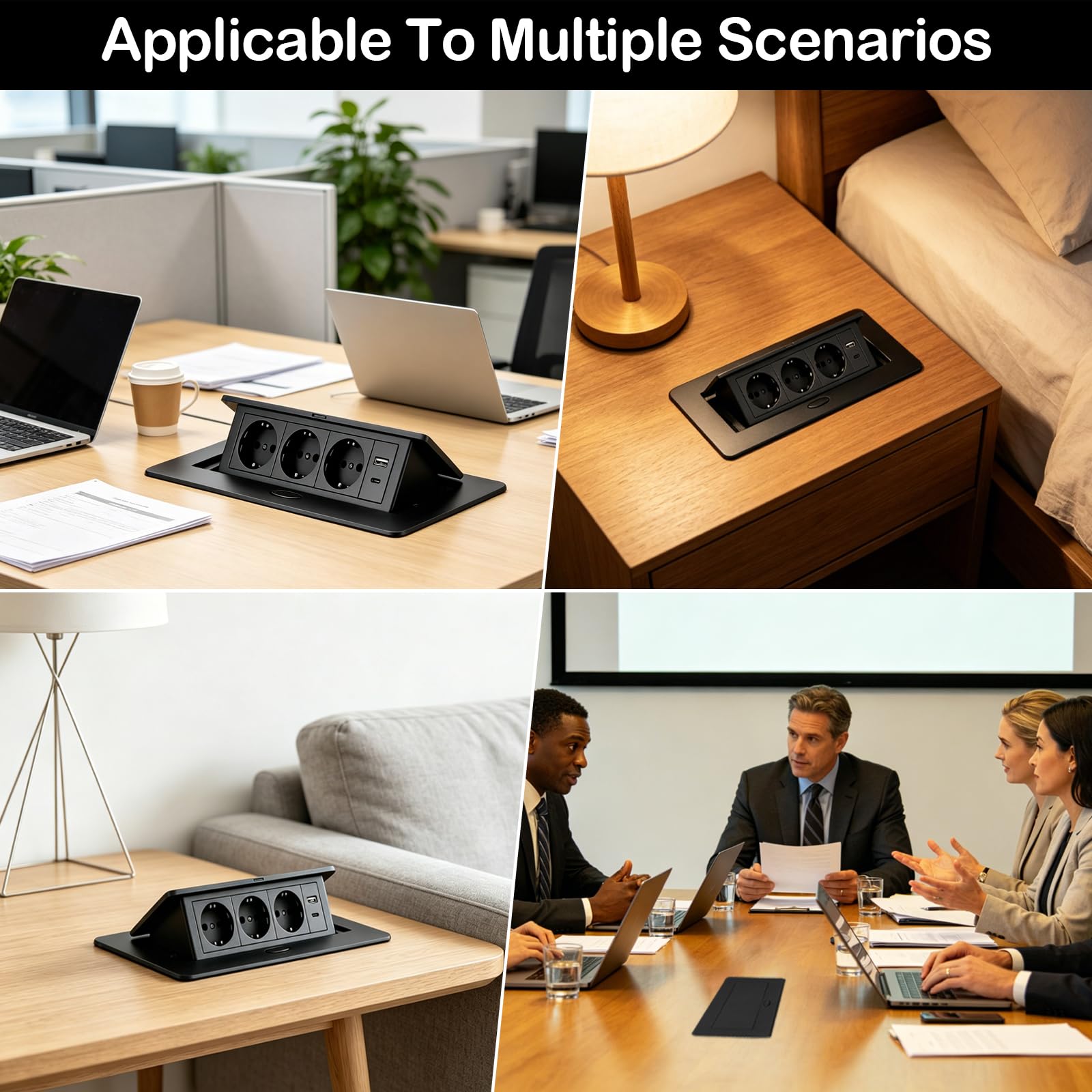 Aluminium Enchufe de Mesa Empotrable, Salida de Enchufe Retráctil con 3 Enchufes, Puertos USB y Tipo C, 4000W/16A Regleta Retráctil para Cocina, Escritorio y Oficina, Cable de 1,8M