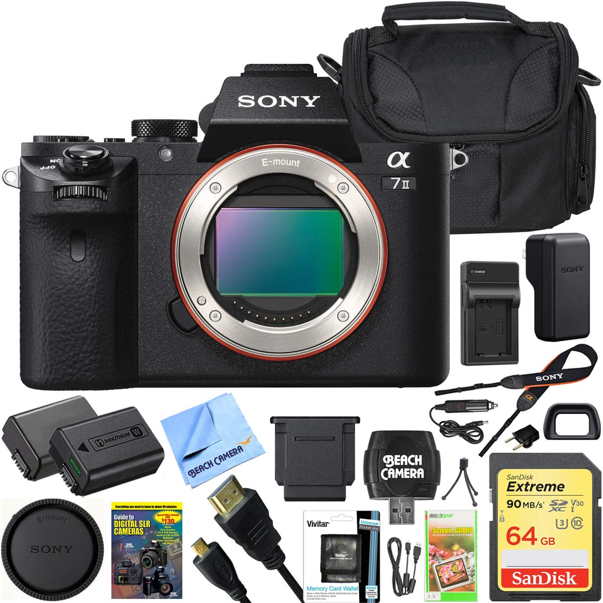 Sony Alpha a7II a7m2, ILCE7M2/B ILCE7M2 Interchangeable Digital Lens Camera Body Only Bundle- Includes Camera, 64GB SDXC Card, Case, Spare Battery, Rapid AC/DC Charger, Card Reader + More