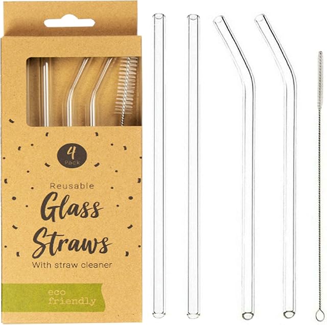4 x Glass Reusable Drinking Straws Eco Friendly + Cleaning Brush Party Summer Use Birthday Smoothie Milk Shake Clear Water Juice Straw UK Free P&P