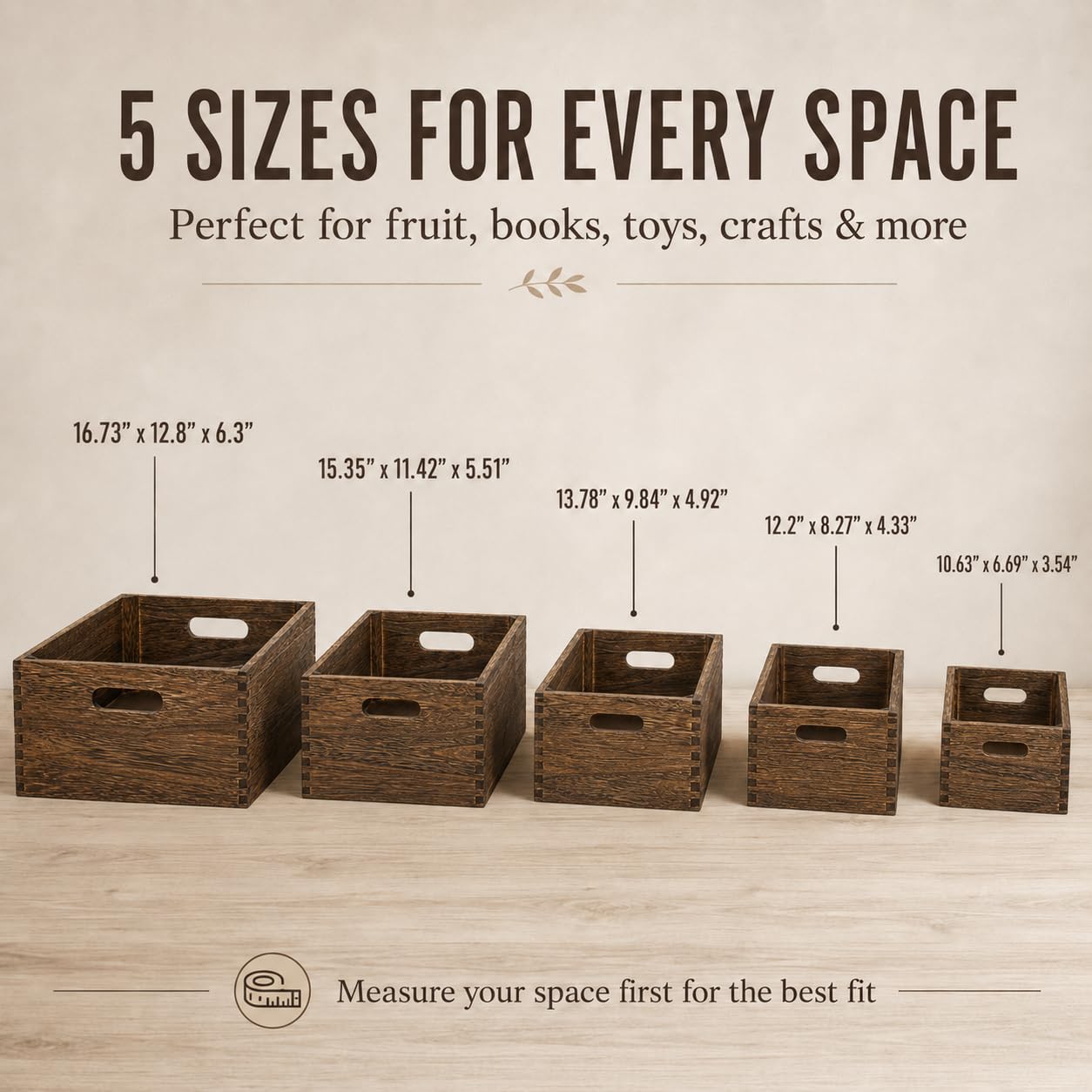 Cajas de madera para exhibición, paquete de 5 cestas de madera rústicas extragrandes con asa, caja de madera de granja para almacenamiento y contenedor, cesta de madera multiusos para