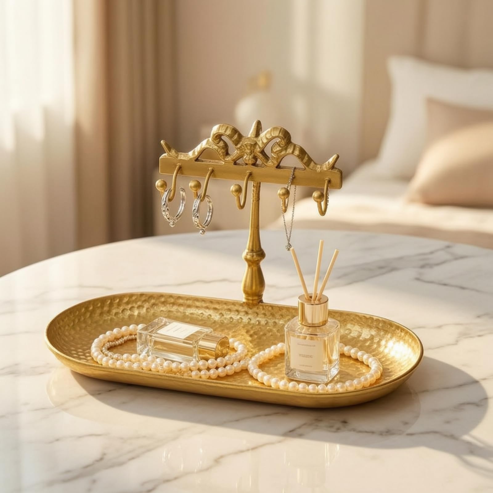 Bandeja Expositor de Joyería Soporte Organizador Platos Joya en Tono Latón y Barra Calada Adecuada para Tocador Entrada Baño Decoración del Hogar