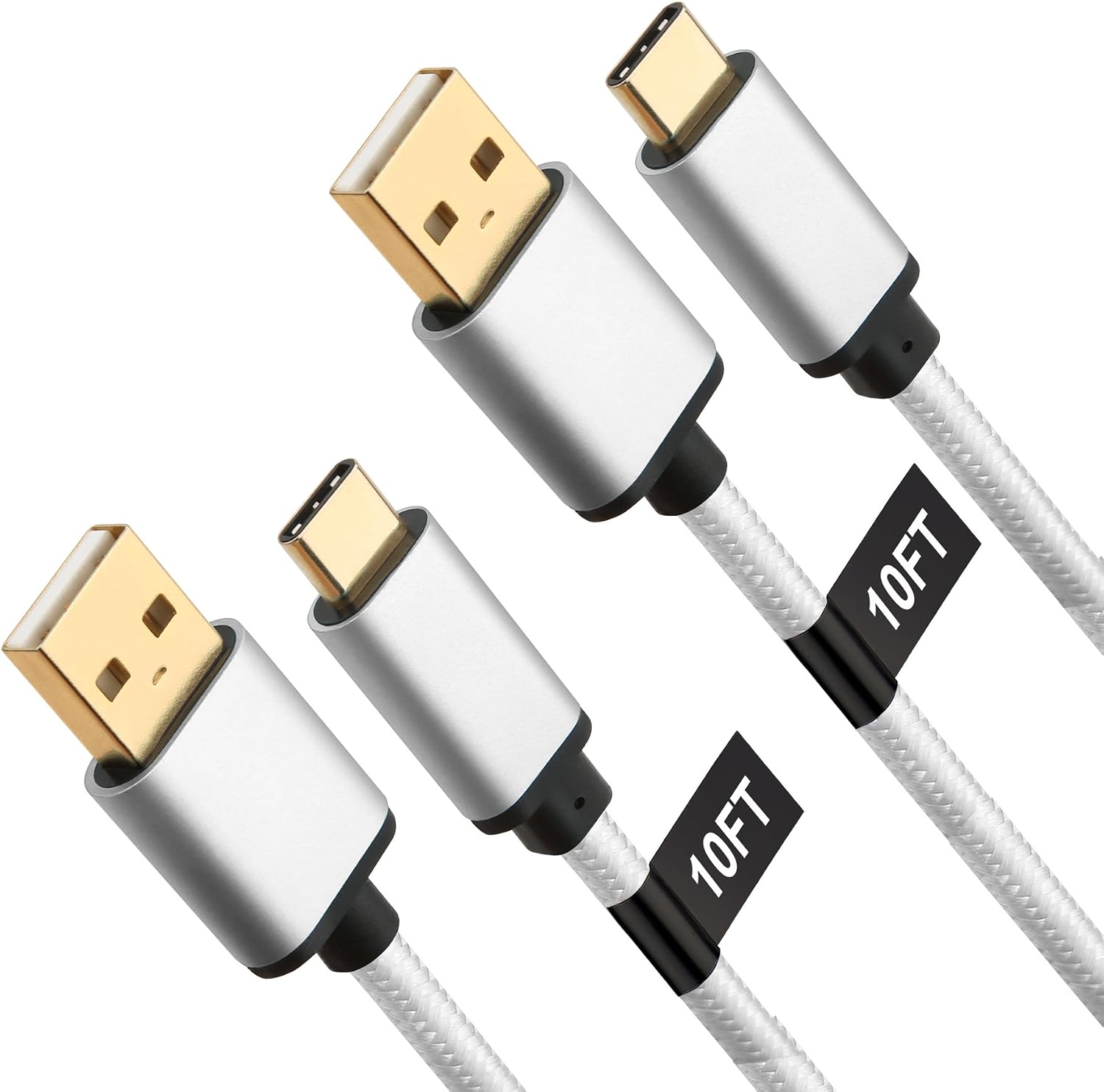 USB C Cable, [2-Pack,10ft] X-EDITION Long Braided Fast Charger Cable for Galaxy Note 8 S8 S8+ (Silver)