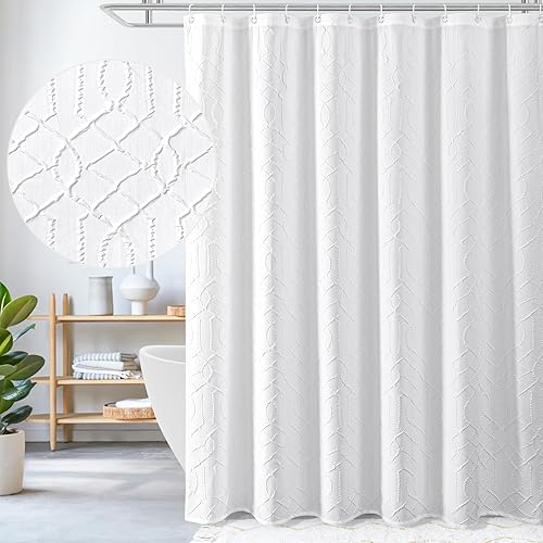 Gibelle Cortina de ducha blanca para baño juego de cortina de ducha de tela texturizada geométrica en relieve 3D con ganchos diseño moderno y