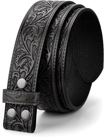 LEACOOLKEY Western Belt Strap for Men without Buckle 1.5" Wide Floral Engraved Embossed Leather Belt Strap