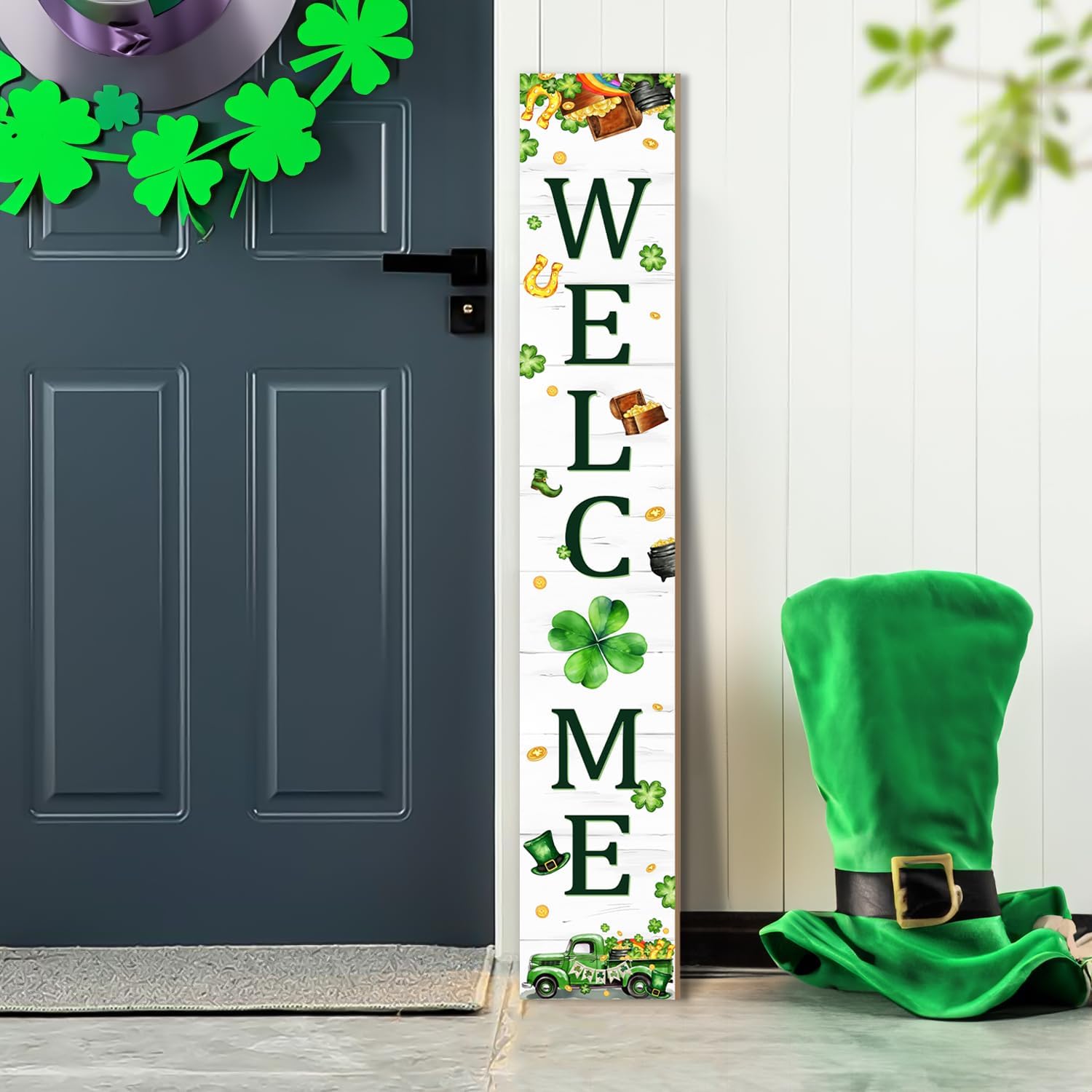 St. Patrick's Day Porch Sign Saint Patrick Wooden Welcome Sign For Front Door Shamrock Clover Home Decoration Vertical Sign For Patio Porch Standing Yard Sign for Indoor Outdoor Garden Wall