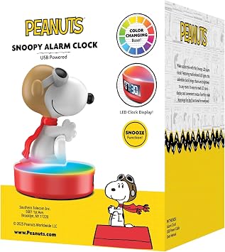 Peanuts Flying Snoopy Alarm Clock USB Powered LED Clock with Color-Changing Base, Snooze Function, and Digital Display