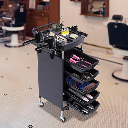 Miniatura 5 de Carrito de peluquería de 6 niveles con ruedas, carrito de salón de belleza con 5 cajones y 2 soportes para secador de pelo, carrito de herramientas