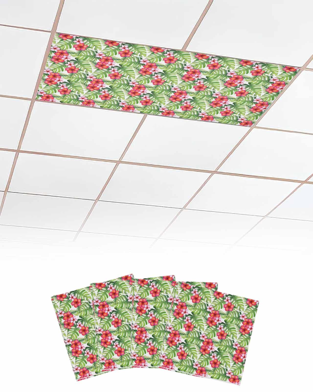EwdeWwo Summer 4 Pcs Fluorescent Light Covers for Ceiling Lights, Tropical Plants Gardenia Flower Magnetic Light Filters for Eliminate Harsh Glare Classroom Office Decoration, 4 x 2 Ft