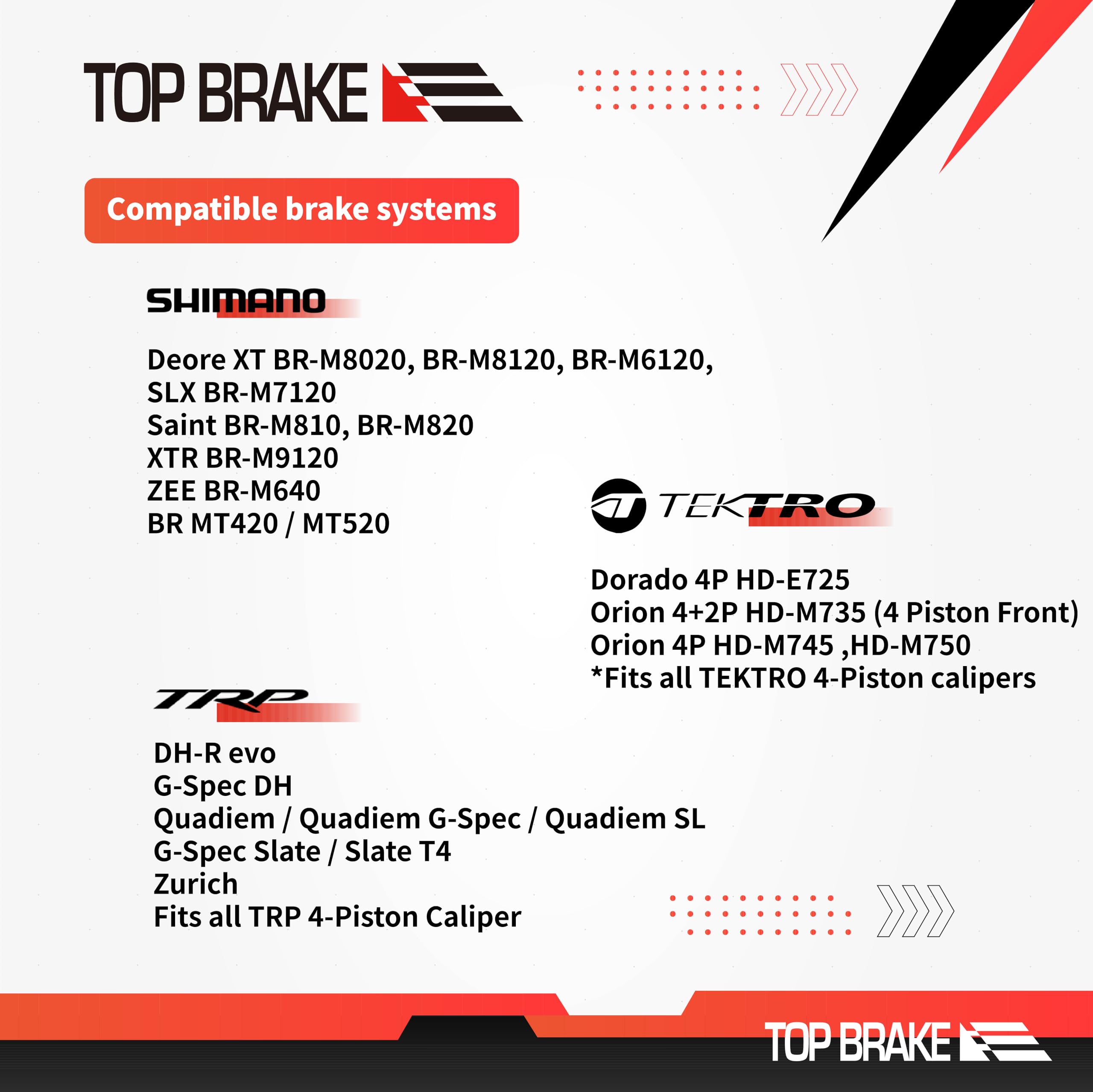 TOP BRAKE Disc Mountain Bike Brake Pads for Shimano Saint BR-M810/M820 XTR-M9120 Tektro TRP 4 Piston, Red, 1.55*0.94 (in) - Image 2