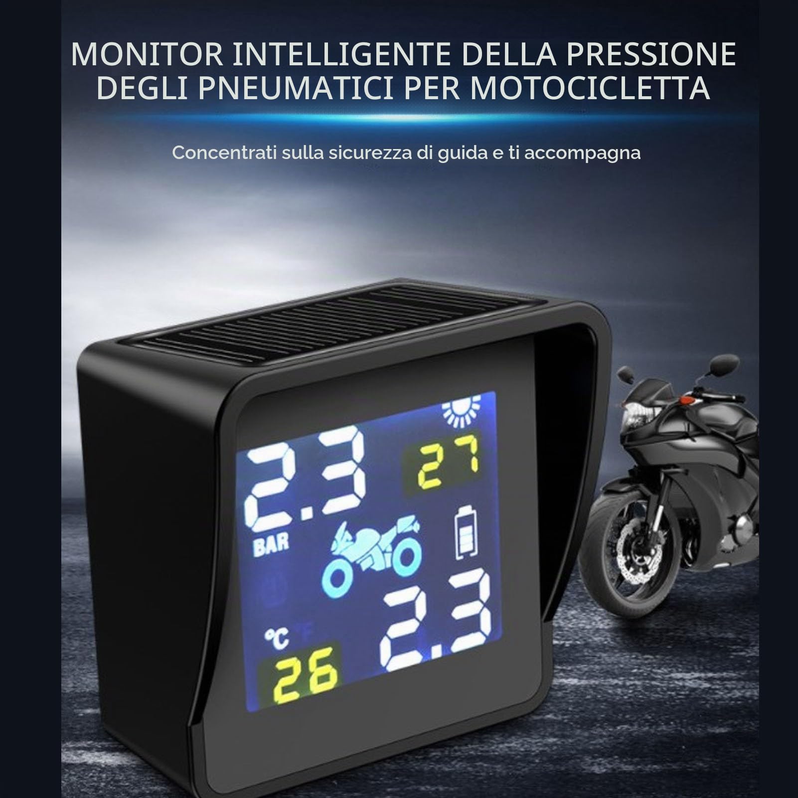 Monitor della Pressione dei Pneumatici Sisteme Solare di monitoraggio della Pressione dei Pneumatici Bluetooth TPMS con Display LCD e 2 sensori Esterni per Scooter Moto