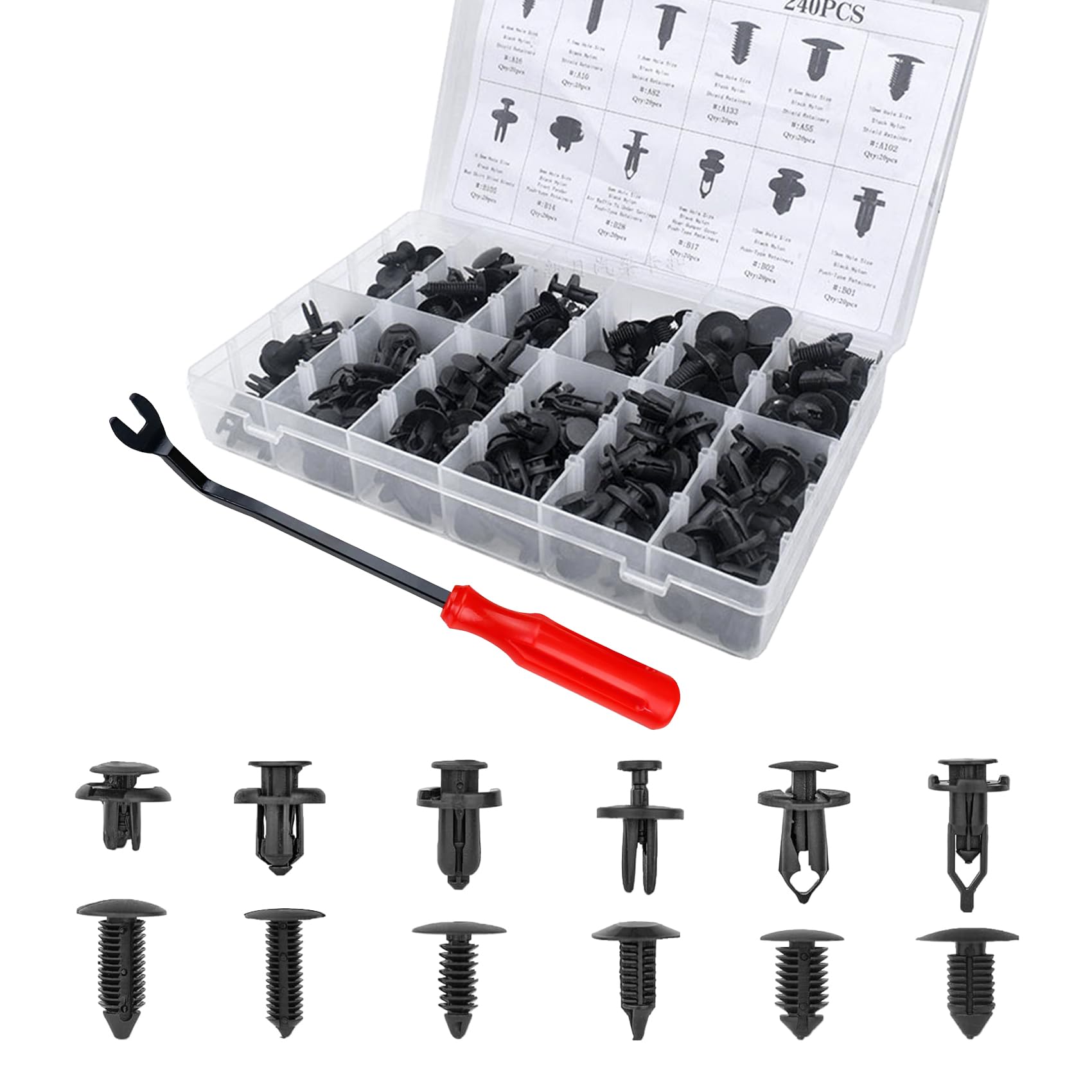 240 Pcs Car Plastic Push Pin Rivet Fasteners, Assortment Universal Retainer Clips Push Type Retainers Set in Case with Remover Tool, Replacement for GM Ford Toyota Honda Chrysler, Most Popular Sizes