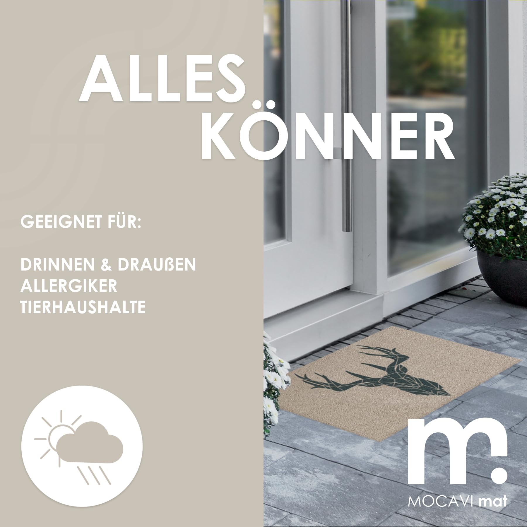 MOCAVI Mat Fußmatte Hirsch waschbar außen & innen beige 45x70cm Sauberlaufmatte Fußabtreter Motiv Country modern hochwertig