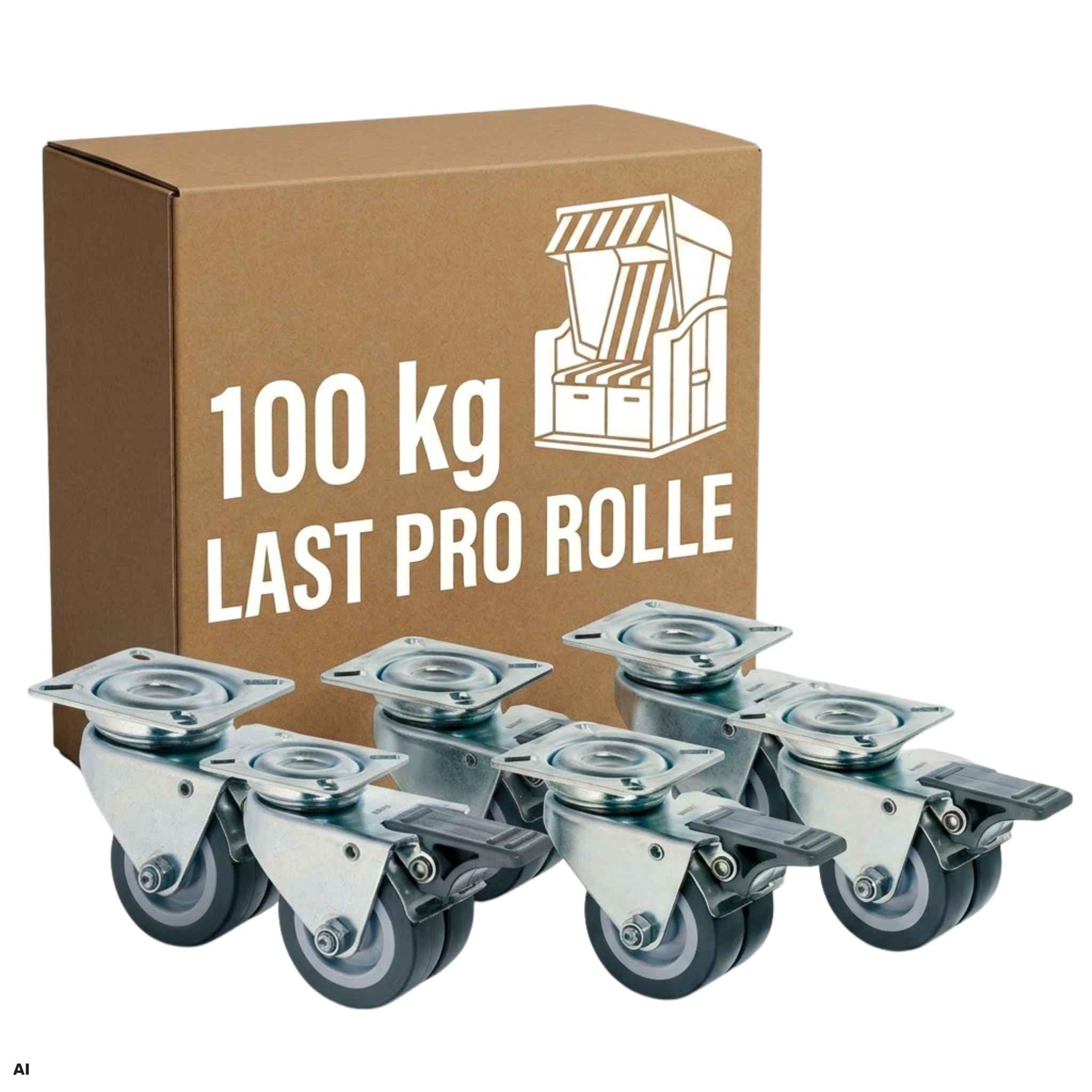 MR. DEKO Strandkorb-Rollen 6er Set mit Feststeller | Strandkorbrollen Ø52 mm Terrasse | Doppellenkrollen Schwerlast-Rollen 100kg | Gartenmöbel-Rollen Set 6 Stück Rostfrei