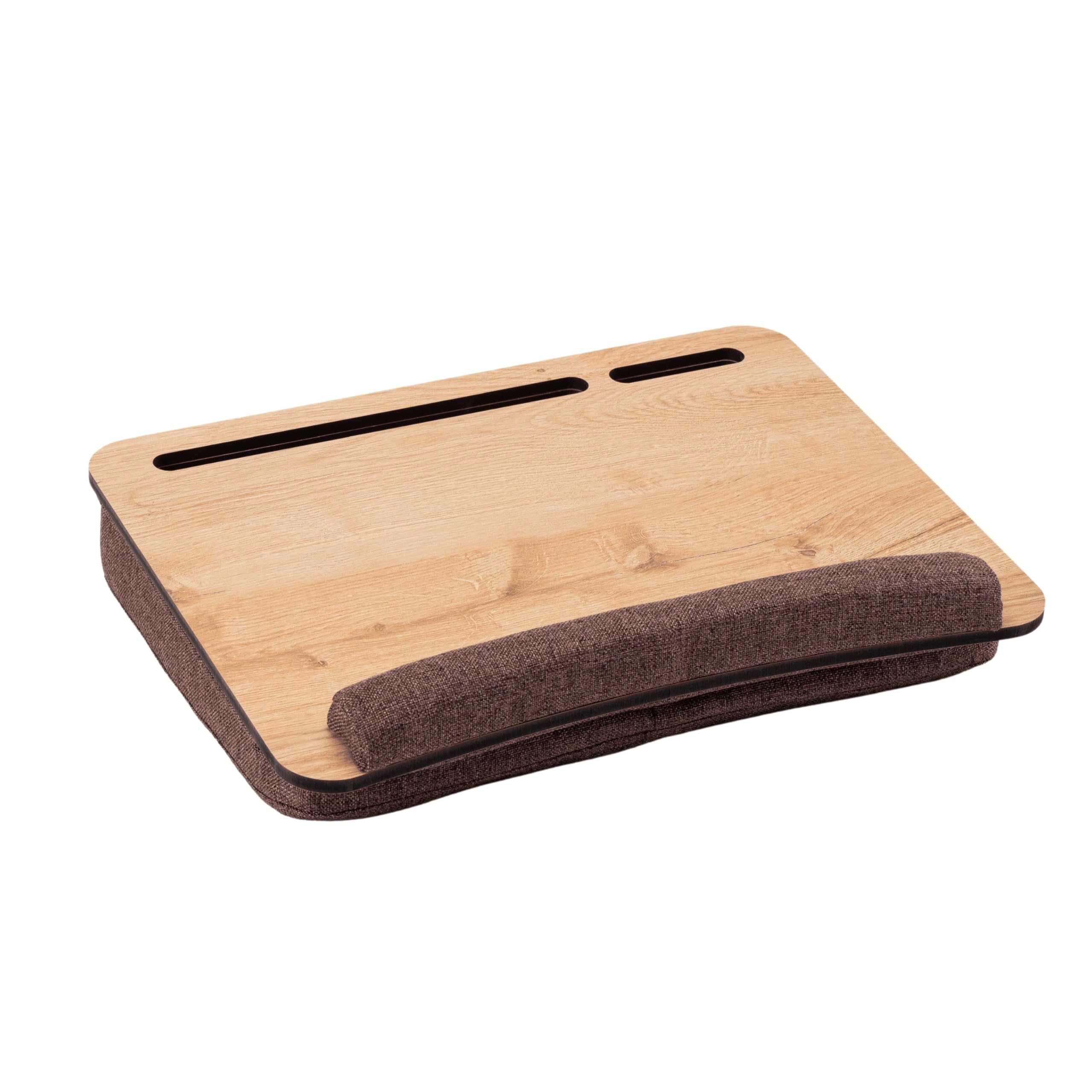 Vigo Wood Scrivania Portatile su Grembo con Cuscino,Vassoio Morbido da Divano per Ufficio Domestico, Leggero e Portatile con Poggiapolso, Tablet fino a 15.6''e Supporto per Telefono (Rovere E Marrone)