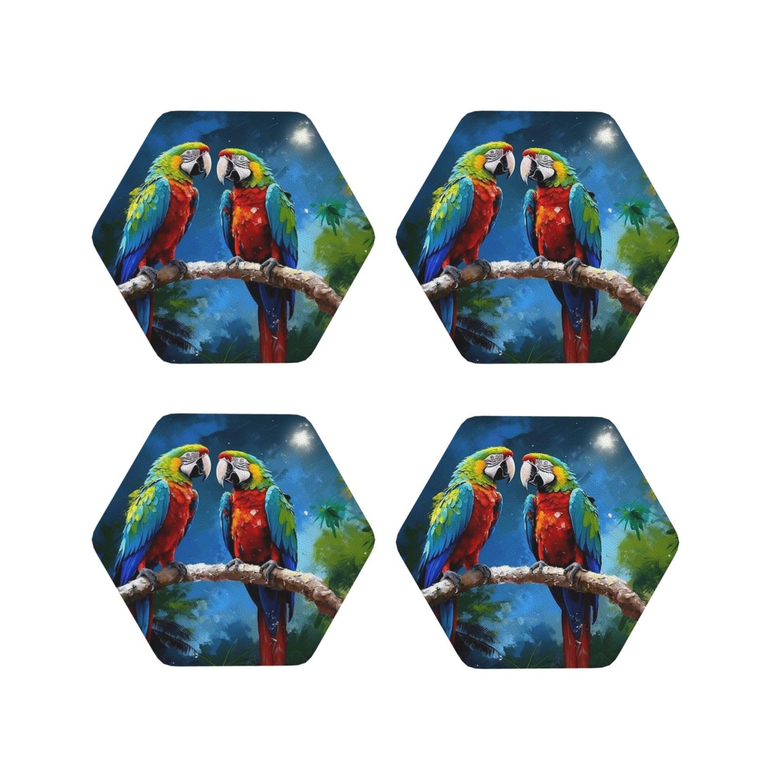 4Pcs PU Leather Coaster for Drinks, Parrots Cup Coastersr 4" Cup Mat Pad, Aesthetic Drink Coasters for Coffee Table, Hexagon Coaster for Tabletop Protection