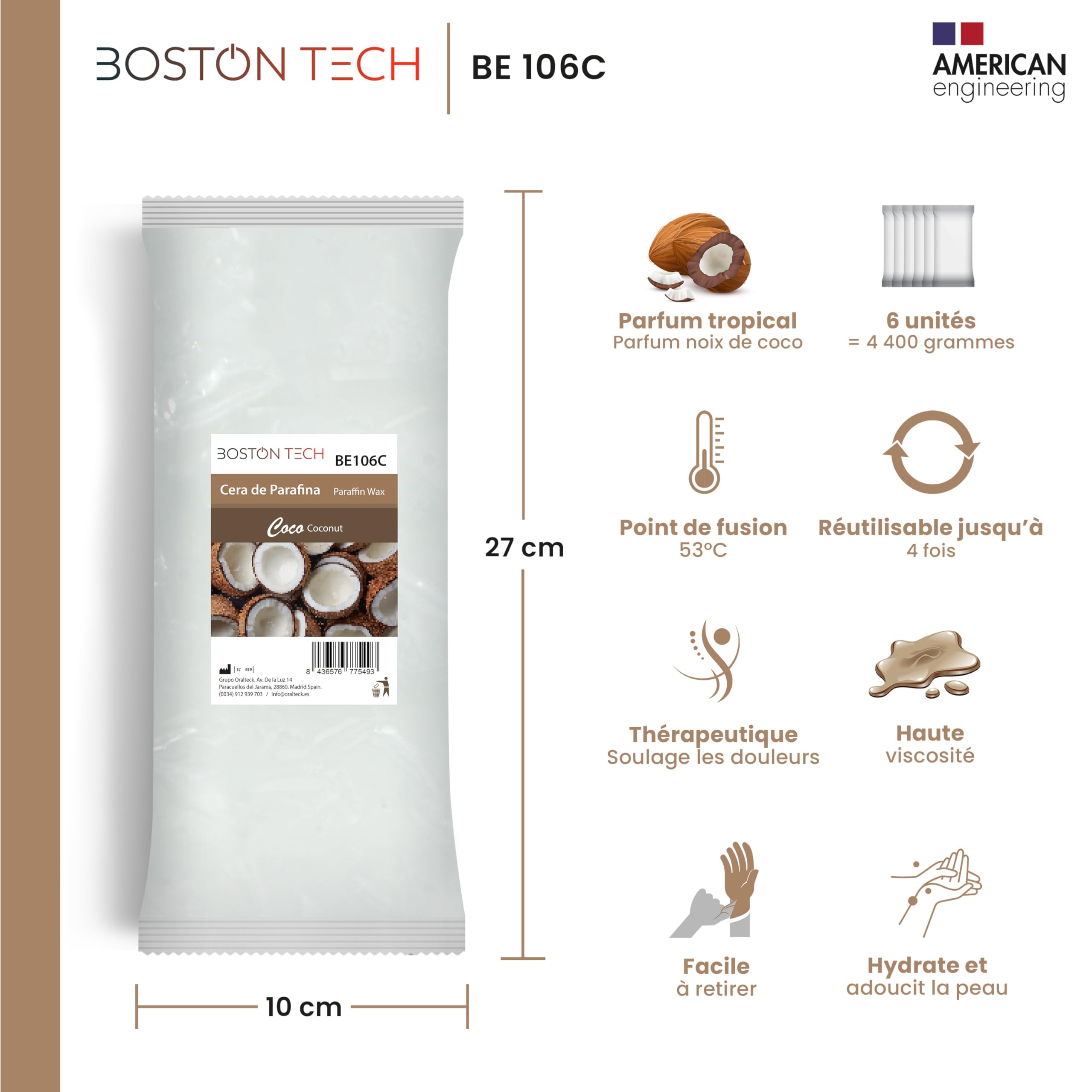 Cire de paraffine Boston Tech pour mains et pieds 6 blocs 450 g Coco Rééducation antioxydante Traitement arthrite
