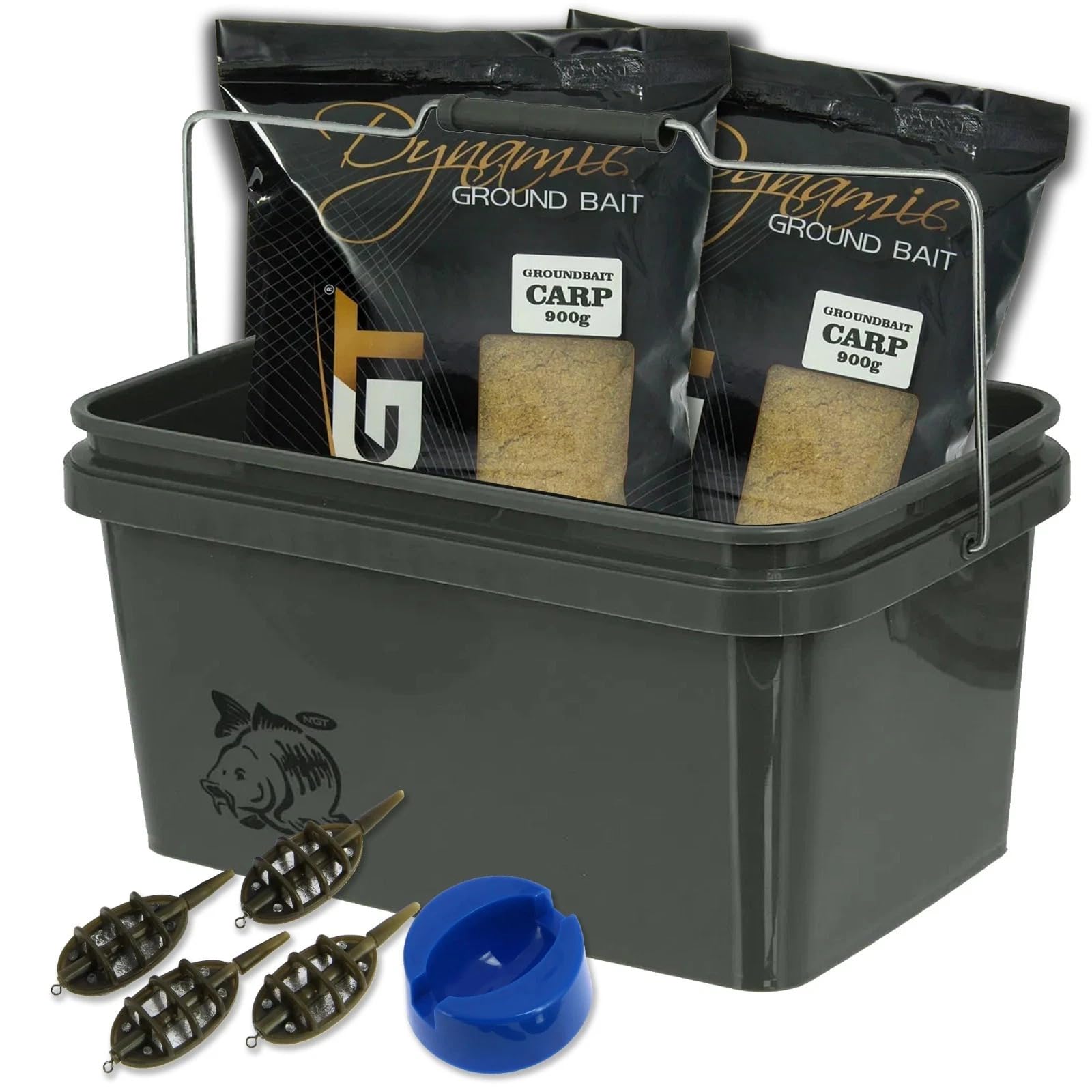 Dynamic Carp Coarse Groundbait Set 2 x 900g with 5L Airtight Bait Bucket, In-Line Method Feeders 15g 20g 24g 30g Set, Coarse & Carp Fishing Kit (Carp Groundbait)