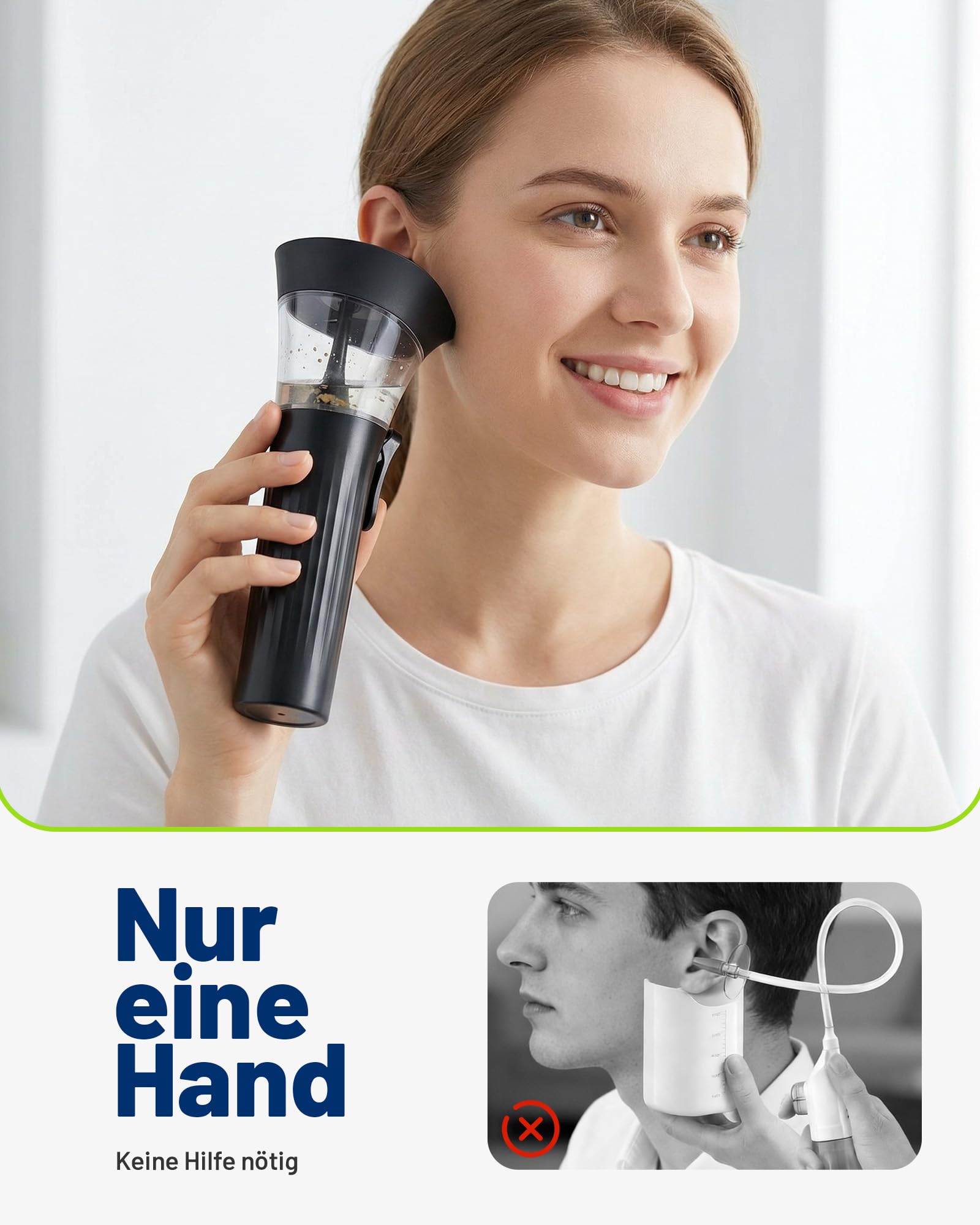 KAUGIC Manuelles Ohrenschmalz-Entfernungsset, 2-in-1-Wassertank Ohrreiniger – Ergonomischer Kraftsparender Knopf, Einhandbedienung, Schwarz